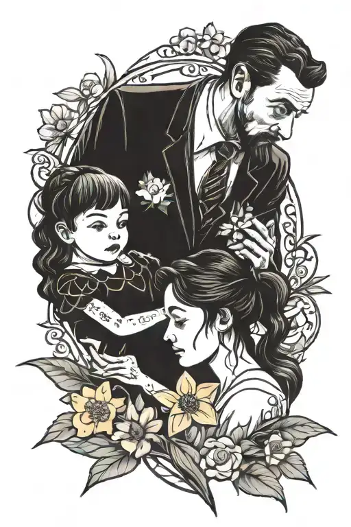 father holding lupin and mother holding a daffodil tattoo design idea