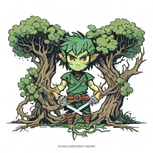 one link and one dark link on either side of the deku tree in kokiri forest from the legend of zelda tattoo design idea