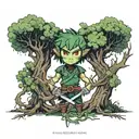 one link and one dark link on either side of the deku tree in kokiri forest from the legend of zelda tattoo design idea