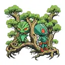 one link and one dark link on either side of the deku tree in kokiri forest from the legend of zelda tattoo design idea