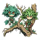 one link and one dark link on either side of the deku tree in kokiri forest from the legend of zelda tattoo design idea