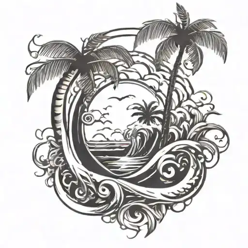 infinity symbol + palm tree+ wave forming the shape tattoo design idea