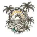 infinity symbol + palm tree+ wave forming the shape tattoo design idea