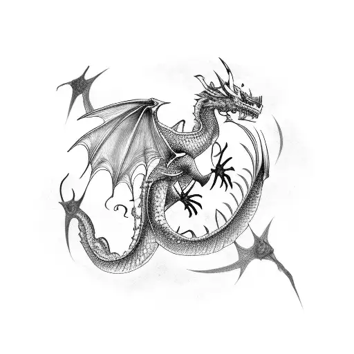 2 Dragons black white flying tattoo design idea