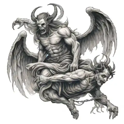 Demon dragging an angel from heaven down to hell tattoo design idea