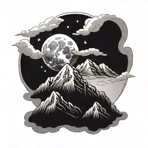 A serene mountain landscape with a peaceful moon shining overhead, symbolizing harmony and tranquility tattoo design idea