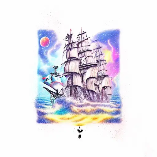 pirate ship sailing through the galaxy tattoo design idea