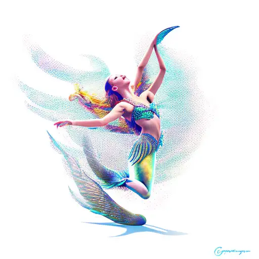 A dancer gracefully twirling in the air with wings like a mermaid, surrounded by musical notes tattoo design idea
