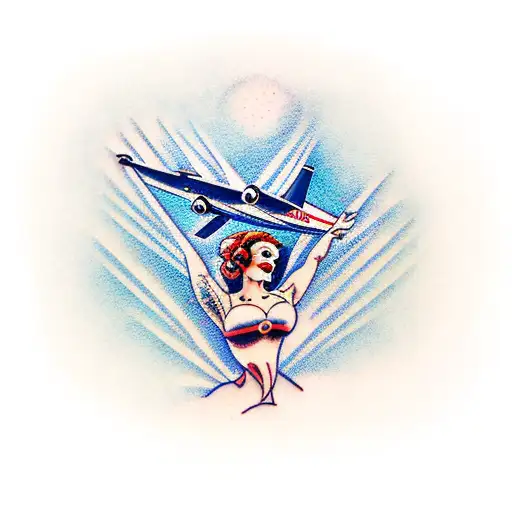 A traditional-style tattoo of an actress in a dance pose, with a plane flying across the sky and waves crashing on a beach tattoo design idea