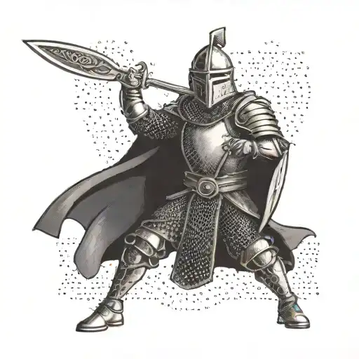 A warrior in traditional armor practicing martial arts with a background of a medieval castle, in a dotwork style tattoo design idea