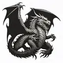 A fierce dragon in a blackwork style, incorporating elements of both martial arts and medieval knights tattoo design idea