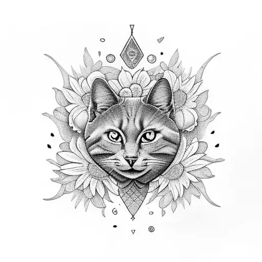 craneo de gato con flores de cerezo y destellos en tonos claros tattoo design idea
