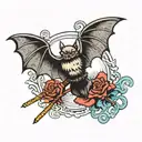 bat with spread wings and a katana in its paw tattoo design idea
