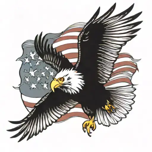 A majestic Bald Eagle soaring over a patriotic American flag tattoo design idea