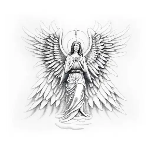 A powerful guardian angel with wings spread wide, holding a shield to protect you from evil forces, combining your interests in wealth and health and protection tattoo design idea
