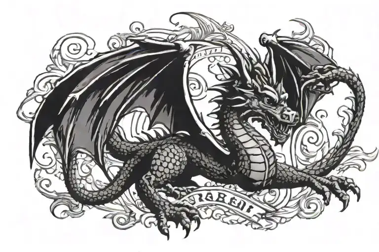 Dragon holding BirthDay july 22 1972 in roman numerals tattoo design idea