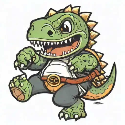  small, adorable cartoon dino wearing a tiny martial arts black belt around the waist doing a kick tattoo design idea