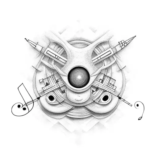 Musical notes transforming into an alien spaceship tattoo design idea
