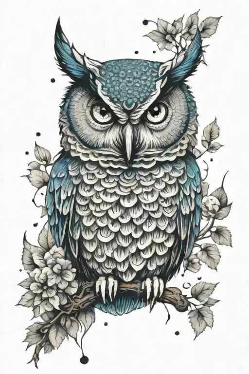 owl with blue eyes and background tattoo design idea
