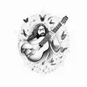 Jesus playing a guitar surrounded by butterflies tattoo design idea