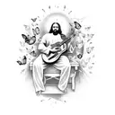 Jesus playing a guitar surrounded by butterflies tattoo design idea