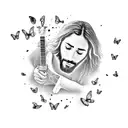 Jesus playing a guitar surrounded by butterflies tattoo design idea