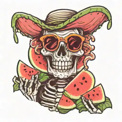 skeleton in sunglasses eat watermelon in comcs style  tattoo design idea