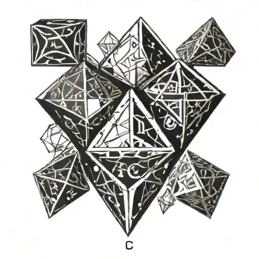 Three letters t, i & c hiddden amongst a six, four and 20 sided dice.  tattoo design idea