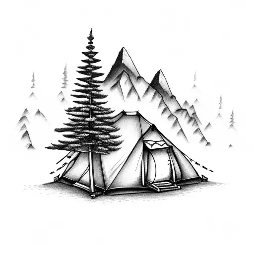 Camping axe mountains firepit tattoo design idea