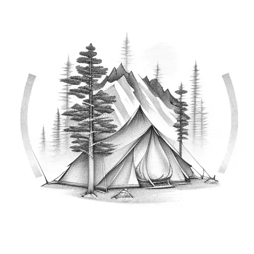 Camping axe mountains fire  tattoo design idea