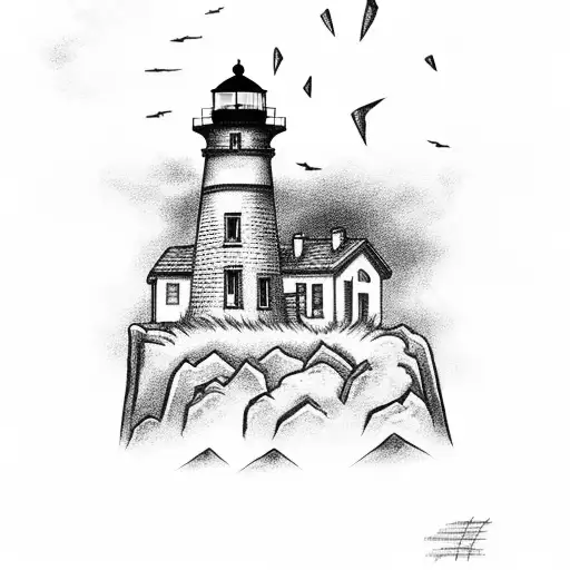 Lighthouse with rock and storm background tattoo design idea