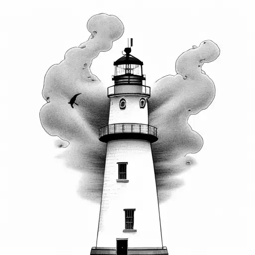 lighthouse with stormy background with whales tail and sea turtle tattoo design idea