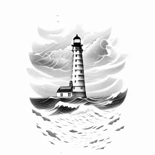 lighthouse with stormy background with whales tail and sea turtle tattoo design idea