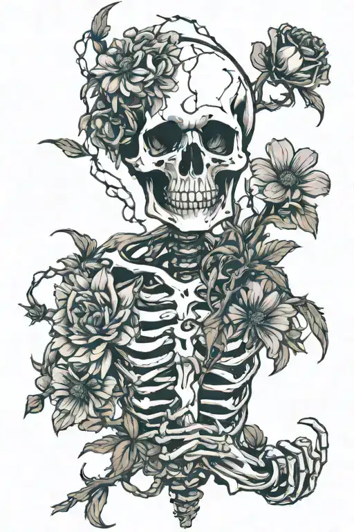 skeleton hand holding a barbed wire aster flower tattoo design idea