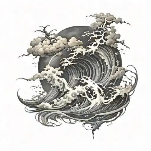 a background of dark black clouds with white lightning shining through our and a centre piece of a tsunami  tattoo design idea
