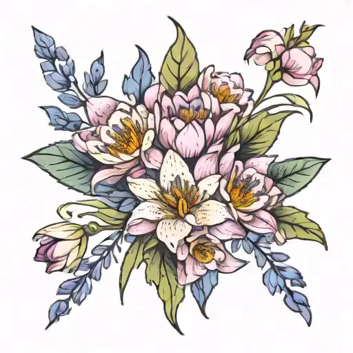 water lily, iris, carnation bouquet wrapped tattoo design idea
