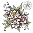 water lily, iris, carnation bouquet wrapped tattoo design idea