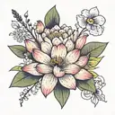 water lily, iris, carnation bouquet wrapped tattoo design idea