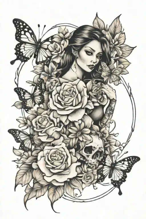 "family is my strength" with butterflies and flowers full arm and hand tattoo design idea