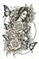 "family is my strength" with butterflies and flowers full arm and hand tattoo design idea