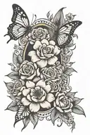 "family is my strength" with butterflies and flowers full arm and hand tattoo design idea