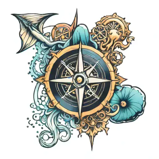 nautical compass, squid, and jellyfish tattoo design idea