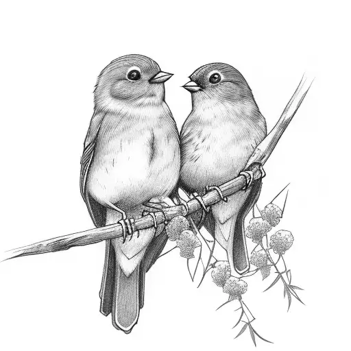 two robins sharing a stick and perching on a branch of wisteria tattoo design idea