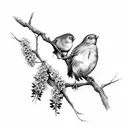 two robins with a stick in their beaks and perching on a branch of wisteria tattoo design idea
