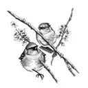 two robins with a stick in their beaks and perching on a branch of wisteria tattoo design idea