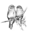 two robins sharing a stick and perching on a branch of wisteria tattoo design idea