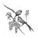 two robins sharing a stick and perching on a branch of wisteria tattoo design idea