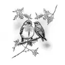 two robins sharing a stick and perching on a branch of wisteria tattoo design idea