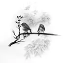 two robins sharing a stick and perching on a branch of wisteria tattoo design idea