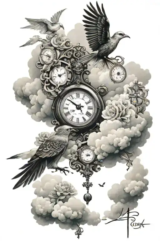 holy cross and clouds and birds and clock  tattoo design idea